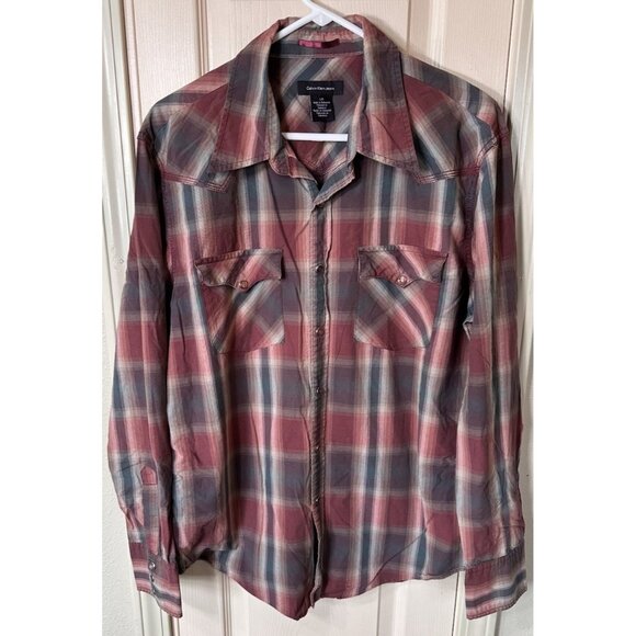 Calvin Klein Jeans Mens Lg Striped Pearl Snap Western Cowboy Long Sleeve Shirt - Picture 1 of 4